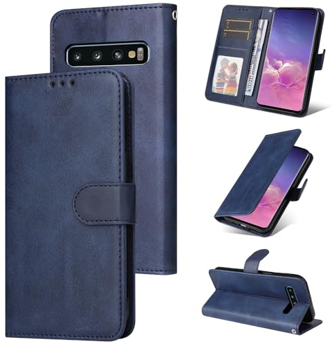 E-Lush Handyhülle für Samsung Galaxy S10 Hülle Leder, Schutzhülle für Samsung S10 Standfunktion Kartenfach Klapphülle 360 Stoßfeste RFID-Blockierung Wallet Flip Case, Blau
