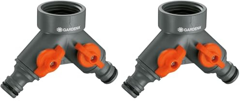 Gardena 2-Wege-Ventil: Wasserverteiler für Wasserhahn mit 33,3 mm (G 1 Zoll)-Gewinde, für gleichzeitigen Anschluss von zwei Geräten, beide Ausgänge regulierbar (940-20) (Packung mit 2)