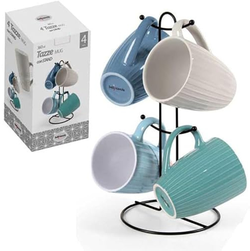 Generico Set 4 Tazze Colazione in Ceramica 360ml con Stand in Metallo, Lavastoviglie, Colori Assortiti, Caffè Cappuccino