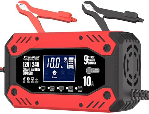 Xtremeauto 12V / 24V Smart Battery Charger 10A – Fully Automatic 9-Stage Car Battery Maintainer with Repair & Desulfation Mode for Cars, Vans, Motorcycles, Trucks, Boats & Lawn Mowers