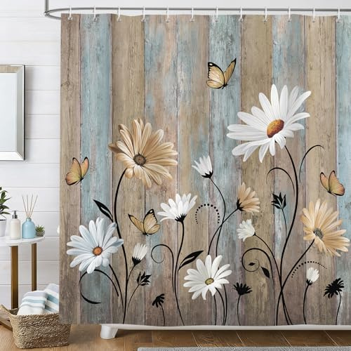 hometrixx Tenda Doccia 180x200 Fiori di Margherita Farfalla Marrone Chiaro | Impermeabile Poliestere, Antimuffa, Anti Grince, Tenda Vasca da Bagno con 12 Ganci, Lavabile in Lavatrice per Casa Hotel
