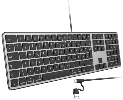 OMOTON Mac-Kabel-Tastatur mit Ziffernblock, Plug & Play, QWERTZ-Grau | Tastatur Kabel mit Dualem Anschluss (USB C/USB)und für Apple MacBook Pro/Air, iMac, iMac Pro, Mac mini, Stabiler Verbindung