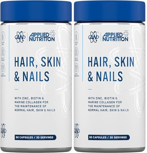 Applied Nutrition Hair, Skin & Nails – Hair Growth Vitamins with Biotin & Marine Collagen – Biotin Hair Growth & Nail Strengthener – Glowing Skin Support – 60 Capsules (30 Servings) (Pack of 2)