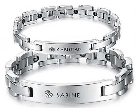aplusashop ID Edelstahl Magnetisches Armband+Gravur nach Wunsch mit Strass Partnerarmbänder (Paar (2 Stück))