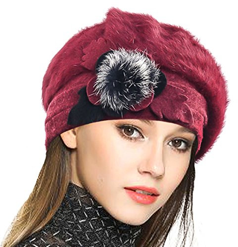 VECRY Damen Wolle Barette Angola Kleid Beanie Schädel Mützen Stricken Winter Hüte (Rotwein)