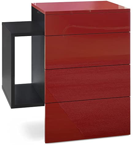 Vladon Nachttisch Queens, Made in Germany, Nachttischschrank mit 2 Schubladen und 1 seitlichem Fach zur Wandmontage, Schwarz matt/Bordeaux Hochglanz (60 x 63 x 36 cm)