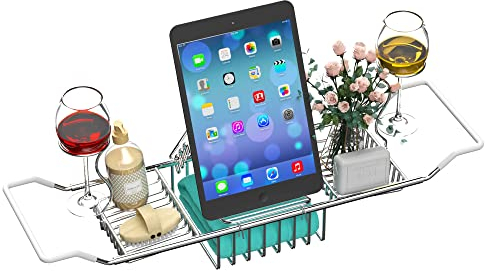 iPEGTOP Extendable Bathtub Caddy Tray - 304 Stainless Steel Over Bath Tub Racks Shower Organizer, with Removable Wine Glass Holders and Book Holder