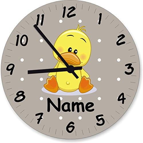 Shirtinstyle Wanduhr Kinderzimmeruhr Ente mit Wunschnamen Geschenk Uhr Kinder Handmade, 29cm, Farbe Pastellbeige