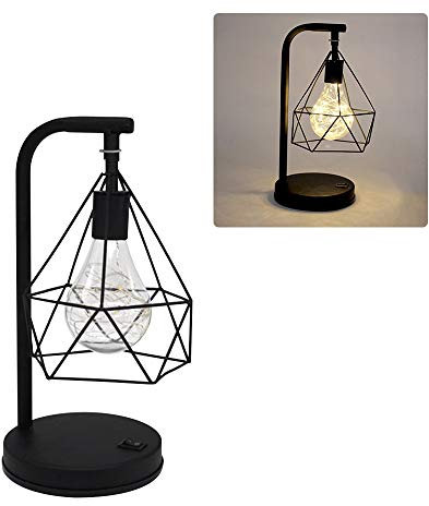 BULZEU Vintage Tischlampe Nachtlicht, Schwarz Retro Industrie Eisen Metall Drahtkorb Käfig Diamant Stil Licht Schatten Desktop Licht für Nachttisch Wohnzimmer Café Restaurant