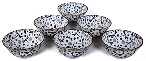 tea4chill Porzellan Schale/Dessertschale/Müslischale - Original japanisches Schalen Set 6-teilig, Ø 15cm blau/weiß, Libellenmuster
