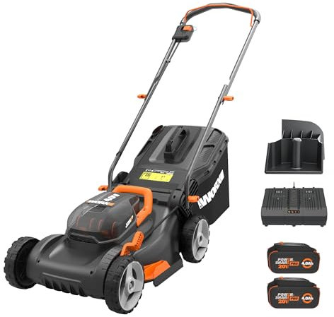 Worx WG743 40V PowerShare 4.0Ah 17 Lawn Mower w/Mulching & Intellicut (2x20V Batteries),Black and Orange
