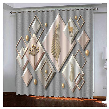 Daesar Lot Rideau Occultant Rideaux Imprimés Motif de Cerf en Plumes Losange 3D Rideau Chambre Occultant 137x274CM Rideaux Occultants Rose Gris