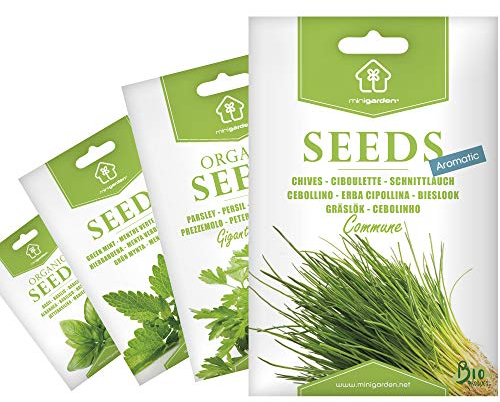 Graines Biologiques Minigarden, Sélection AROMATIQUES: Ciboulette, Persil, Menthe Verte et Basilic