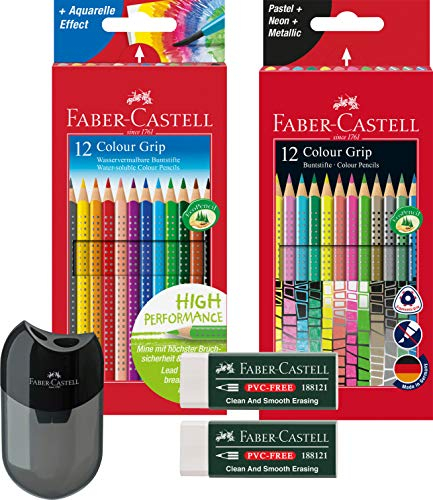 Faber-Castell Buntstift Sonderfarbset, Colour Grip (Komplett Set) 12 Etui Standardfarben, 12er Etui Sonderfarben, Spitzdose und 2 Radierer