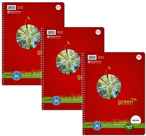 Staufen Ursus Style Collegeblock, 3 Stück, DIN A5, 5mm kariert, 160 Blatt, 4-fach Lochung, premiumweißes 70g/m² Recyclingpapier, Green