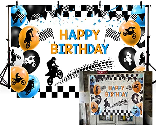 Toile de Fond pour fête d'anniversaire - Motif Drapeau Noir et Blanc - pour garçons, Pistes de Course - Photographie de Moto, Moto Tout-Terrain, gâteau, bannière, photomaton