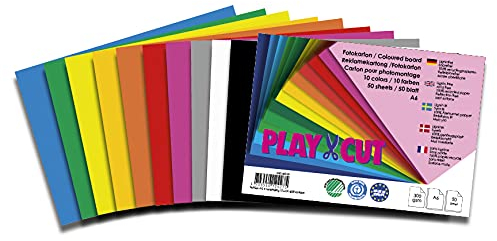 PLAY-CUT Fotokarton A6 Set (300g/m2) | 50 Bogen Din A6 Foto Karton Bunt mit 10 Verschiedenen Farben | Dickes Foto Papier | Premium Druckerpapier Dicke Stärke | Karton zum Basteln Drucken