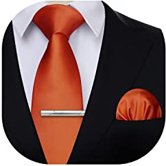 HISDERN Krawatte Herren Orange Klassische Formelle Einfarbig Krawatte und Einstecktuch mit Krawattenklammer Set Schlips Männer für Feierliche Hochzeit Party