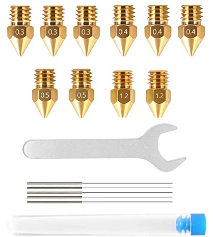 Creality Offizielles MK8 Extruder Düsen Kit mit 10 Stück 3D Druckerdüsen und 5 Stück Düsenreinigungsreinigern und 1 Stück Gabelschlüssel für Ender 3 Series/Ender 5 Series/CR-10 3D Drucker