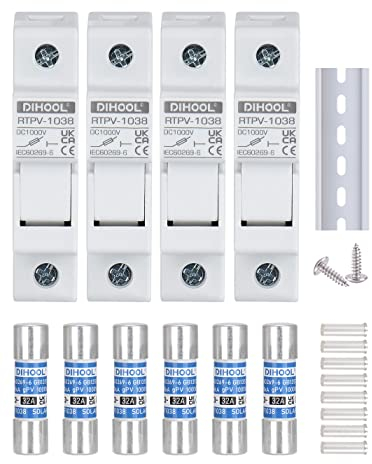 Solar PV Sicherungshalter 1-polig DC1000V 10 x 38 mm DIN-Schienenmontage,32A Sicherung photovoltaik (4pcs Sicherungshalter and 6pcs Sicherung)