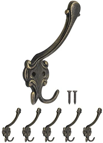 Fuxxer® Klassische Garderoben-Haken, Doppel-Haken, Hut-Haken, Kleider-Haken, Antik-Design, 5er Set, bronze (groß)