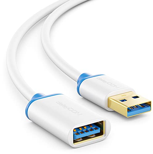 deleyCON 1,5m USB 3.0 Super Speed Verlängerungskabel - USB A-Stecker zu USB A-Buchse - USB 3.0 Super Speed Technologie bis zu 5 Gbit/s - Weiß/Blau