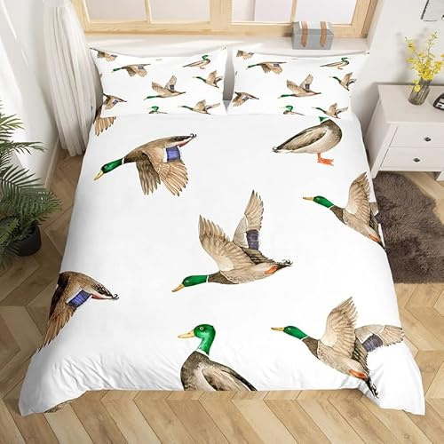Mallard Duck Duvet Cover Hunting and Fishing Bedding Set Wild Animal Comforter Cover for Boys Girls Kids Wildlife White Bedspread Cover Single Size With 1 Pillow Case