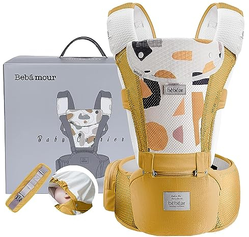 Bebamour Babytrage mit Hüftsitz mit Kopfbedeckung 3 Saugkissen Extender(Baby Carriers Foam Series, Air Yellow)