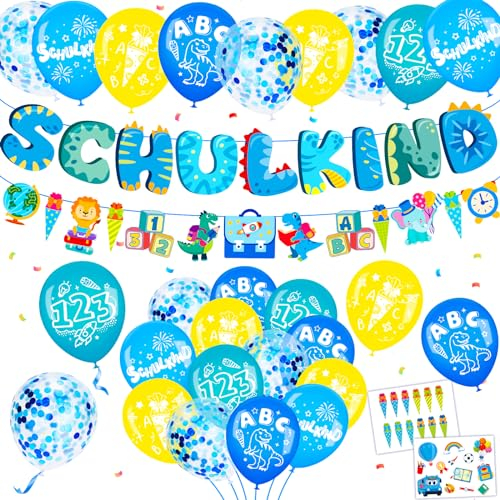Elidepe Einschulung Junge, Einschulung Deko, Blaue Dinosaurier Schulanfang Junge Deko Set, Tortendeko Einschulung + SCHULKIND Banner + Zuckertüte Girlande + Schulkind Latex Luftballons + Papierstücke