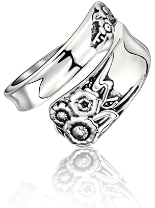 Zaoune Spoon Rings for Women Vintage Dragonfly, Cross Spoon Rings, Sunflower Spoon Rings Boho Victorian Thumb Jewelry, 6 UK, Platinum, No Gemstone