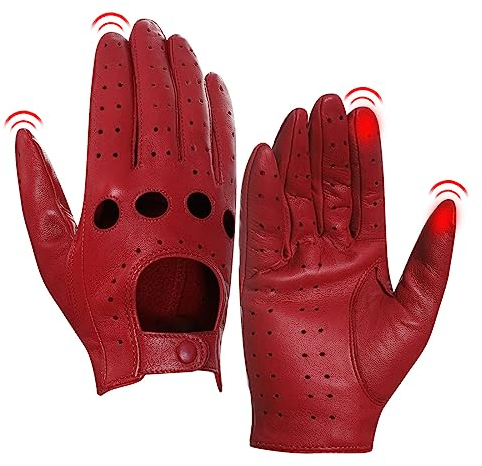 Harssidanzar Damen Leder Fahrhandschuhe, Lammfellhandschuhe, Sommer Leder Touchscreen Fahrhandschuhe, ungefüttert, Lammfellhandschuhe, Damen Lederhandschuhe GL009EUA,Rot,Größe S