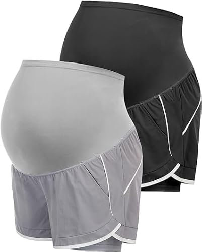 Maacie Umstandsshorts für Frauen ultraleichte kühle frische Sportshorts mit elastischem Bauchband 2 Stück - Schwarz+Grau 2XL