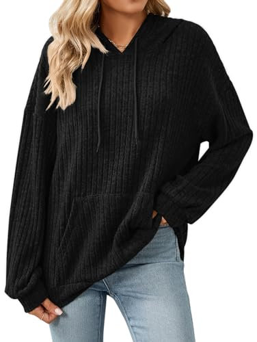 Gemulate Women's Long Sleeve Oversized Hoodie & Sweatshirt Casual Loose Drawstring Lightweight Jumpers Striped Sweater Pullover Black XX-Large