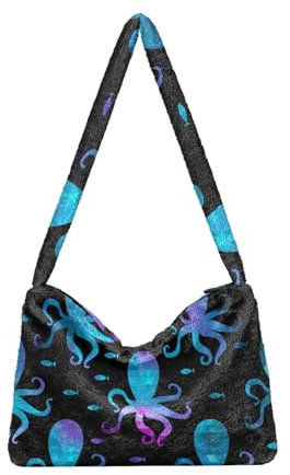 Bunte Mosaik Octopuses Schulter Tote Taschen für Frauen Pelzige Crossbody Tasche Hobo Handtasche Geldbörsen für Arbeit College Reisen, Bunte Mosaik-Kraken, Einheitsgröße