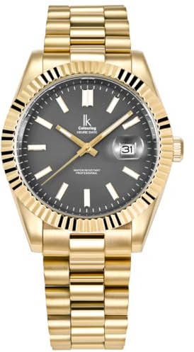 Alienwork Armbanduhr Herren Damen Gold Edelstahl Metallarmband Kalender Datum Grau Klassik Elegant
