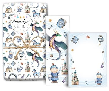 Mitgebsel-Set 12 Geschenkpapierbögen + 12 Lesezeichen + 12 Mini-Notizblöcken + 12 Aufkleber für Mädchen Jungen Gastgeschenke für Kinder Jungsgeburtstag Ritter Drache Motto-Party Giveaways