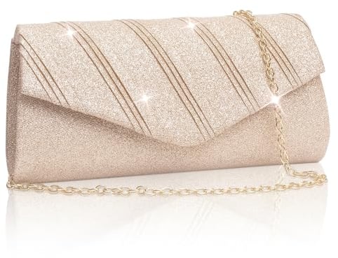 Larcenciel Women's Clutches Evening Bag, Shiny Rose Gold Handbags for Women with Detachable Chain, Elegant Ladies Crossbody Shoulder Bag, Envelope Clutch for Party, Bride, Wedding, Prom, 22×6×11cm