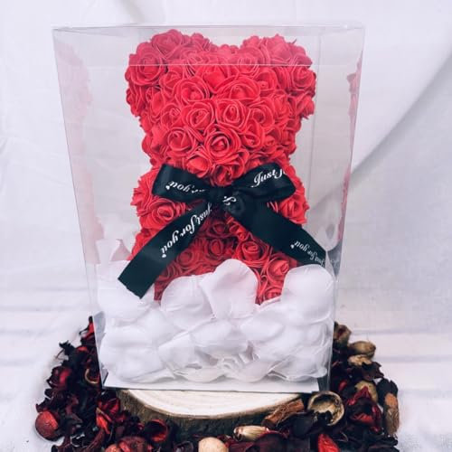 Rose Bear, Rose Bear, Artificial Rose Teddy Bear, Valentine's Day Gift, Mother's Day Gift, Aniversary, Including Clear Sactola and Petals (Red)