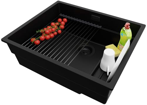 PRIMAGRAN Unterbauspüle Granit Alles Schwarz 56x47cm, Spülbecken 1 Becken + Zuberhor-Set, Granitspüle ab 60er Unterschrank - Prag Step S367