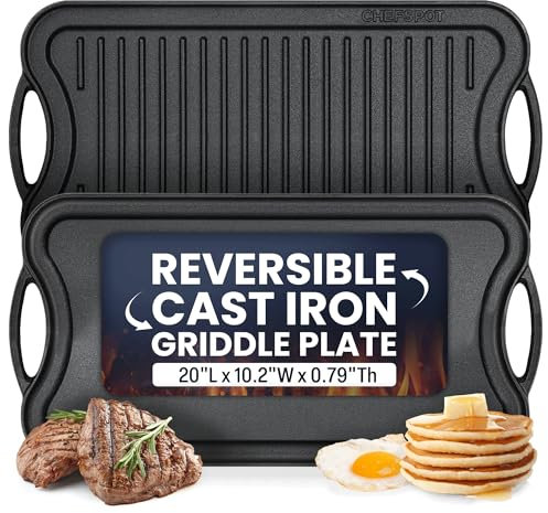 CHEFSPOT Griddle Pan for Stove Top – 20 Reversible Cast Iron Double Burner Griddle Plate, Multi-Use Preseasoned Pancake Pan with Handles - Works on all Stovetops, Grills, and Fire