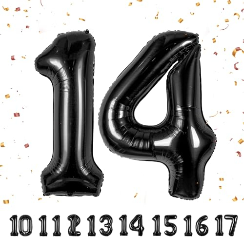 14 Geburtstag Deko zahlen luftballon 14 jahre | Folienballon Schwarz - für 14. Geburtstagsdeko Männer Frauen Ballon Zahl Deko zum Geburtstag fliegt mit Helium 14.Geburtstagsparty 40-101cm