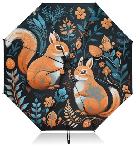 LINNIKEEEE Blumenmuster Eichhörnchen Regenschirm Automatik Auf-Zu UV-Schutz Taschenschirm Klein Leicht Schirme für Jungen Mädchen Reise
