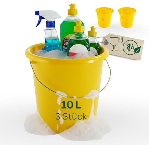 Novaliv 3 Stück Eimer 10L Gelb mit Maßeinteilung - Putzeimer 10 Liter ? 28,5 cm Praktischer Allrounder mit Skala für Haushalt & Garten ideal als Haushaltseimer, Wassereimer, Wischeimer, Bucket