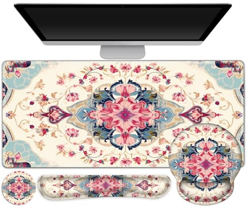 Gaming Mouse Pad, Large Desk Mat, Cute Desk Pad Protector, 4in1 XXL Mousepad + Keyboard Wrist Rest+Mouse Wrist Rest+Coaster Set with Ergonomic Desk Pad for Home Office Computer, Retro Style Pattern
