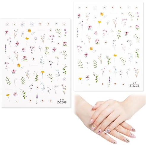 2 Sheets Flower Nail Stickers, 5D Embossed Summer Floral Leaf Plant Nail Decorations Self-Adhesive Beautiful Spring Wildflower Nail Decals Manicure Flora Art Supplies for Women Girls