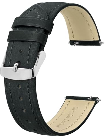 BISONSTRAP Extra Lange Armband 22mm, Leder Uhrenarmband für Herren, XL Ersatzarmband für Große Handgelenke, Schwarz (Silberne Schnalle)