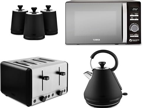 Tower Sera 1.7L 3KW Pyramid Kettle, 4 Slice Toaster & Canisters in Black with Smoked Trim Plus 800W 20L Renaissance Microwave T24039BLK. Contemporary Matching Tower Kitchen Set of 6 in Black