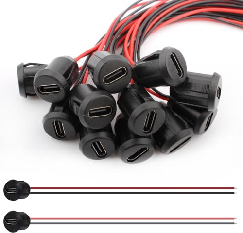 VISSQH 12 PCS USB Type-C Female Chassis,3A 2-pin USB C Soldering Jack with Card Buckle,2 Wire USB C Panel Mount connector,24AWG round USB C Pigtail Cable Extension Power Cable(Black)
