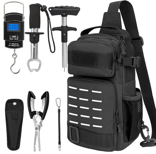 THKFISH 7 Stück Angeltaschen Set, Tactical Angeln Tragetasche mit Angelzange Tackle Kits, Fischhaken Entferner Tools, Fisch Zange mit Scheide und Werkzeug Lanyards, Digital Fishing Gewicht Skala