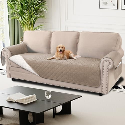 H.Versailtex Sofa Cover 100% Waterproof Sofa Slipcovers 3 Seater, Washable Sofa Protector with Side Pocket, Non Slip Couch Covers for Kids/Dogs/Pets (3 Seater, Khaki)